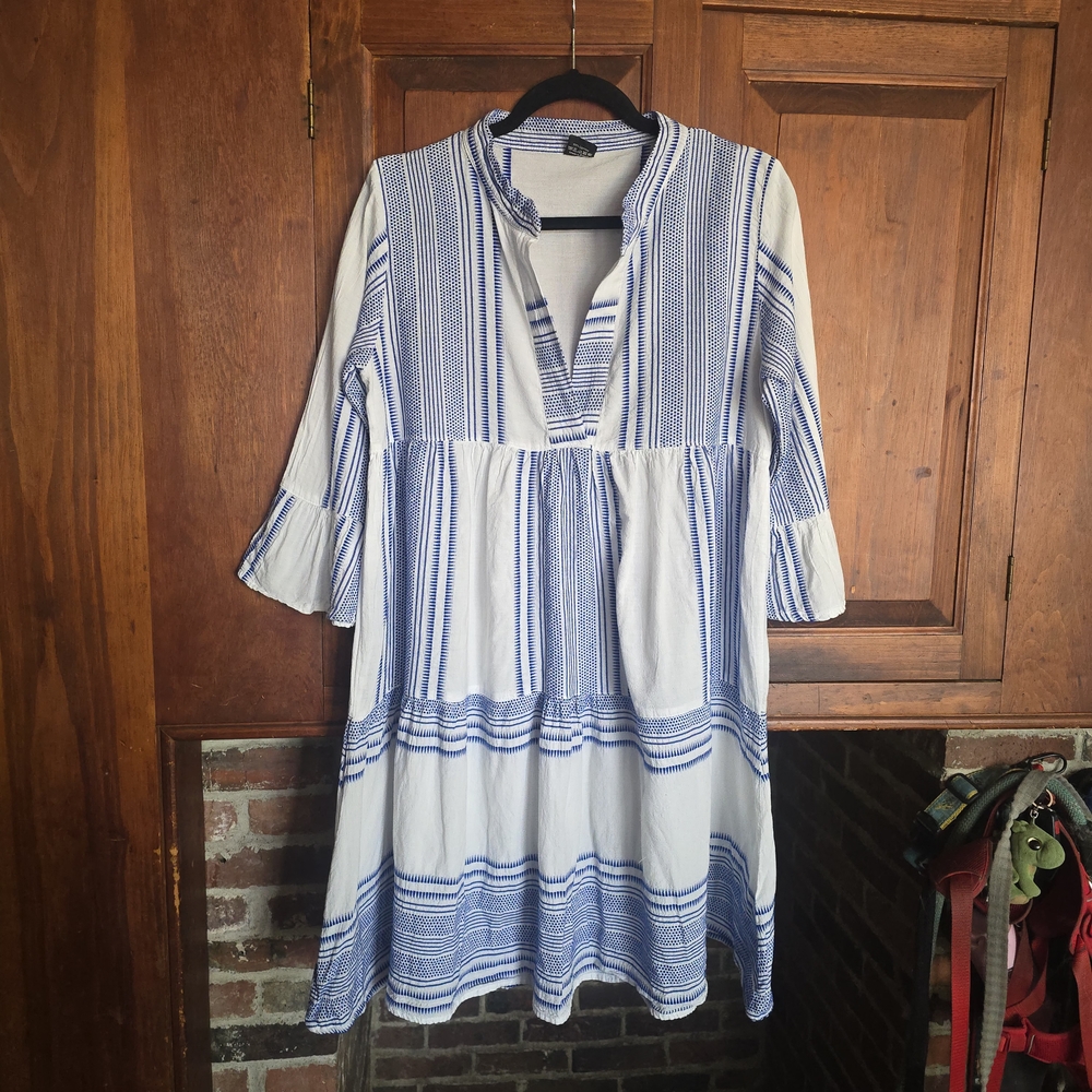 domna bogioka Blue and White Jacquard Mini Striped Dress - L/XL - Made in Greece